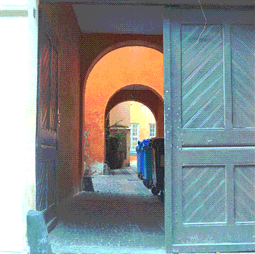 Several orange doorways